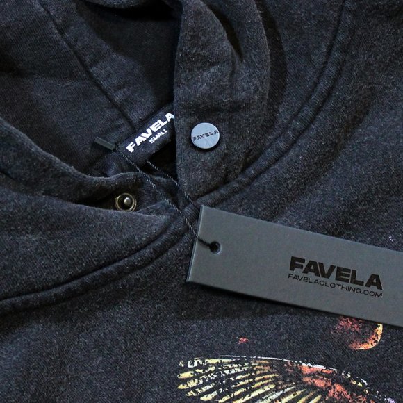 FAVELA Hummingbird Rose Hoodie • Black Wash • Snap Button • Oversized Fit - Picture 2 of 5